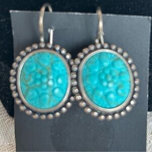 Vintage/turquoise glass oval earrings set in 925 sterling /embossed floral